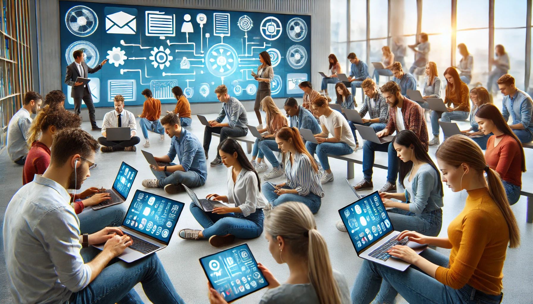 A-diverse group of-people using laptops