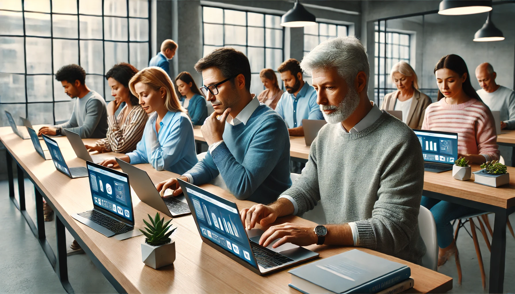 group of people studying on their laptops.